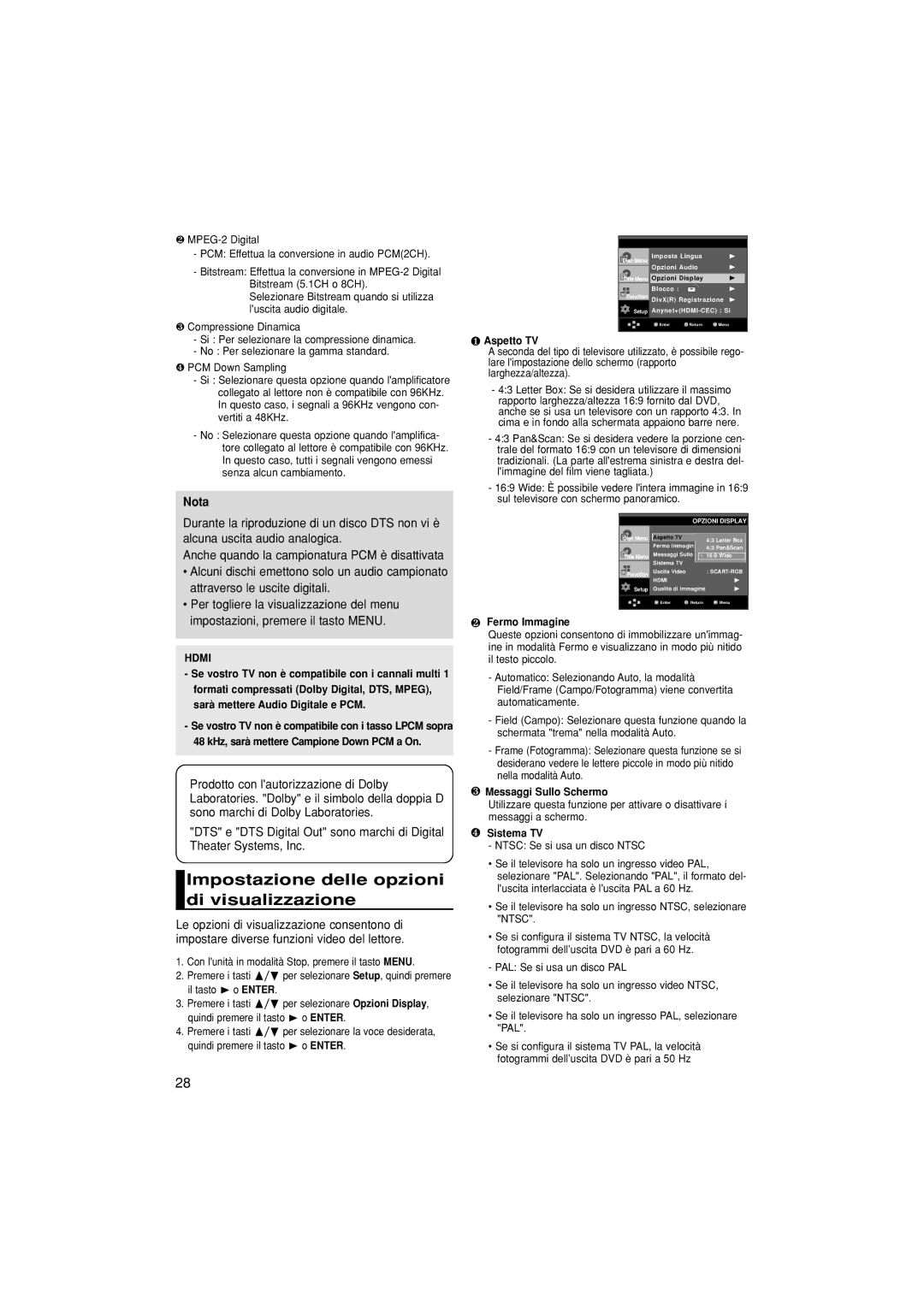 Samsung DVD-1080P7/XEL manual Impostazione delle opzioni di visualizzazione, ❶ Aspetto TV, ❷ Fermo Immagine, ❹ Sistema TV 