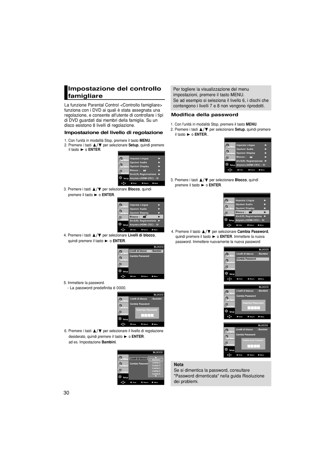 Samsung DVD-1080P7/XEG manual Impostazione del controllo famigliare, Impostazione del livello di regolazione, Dei problemi 