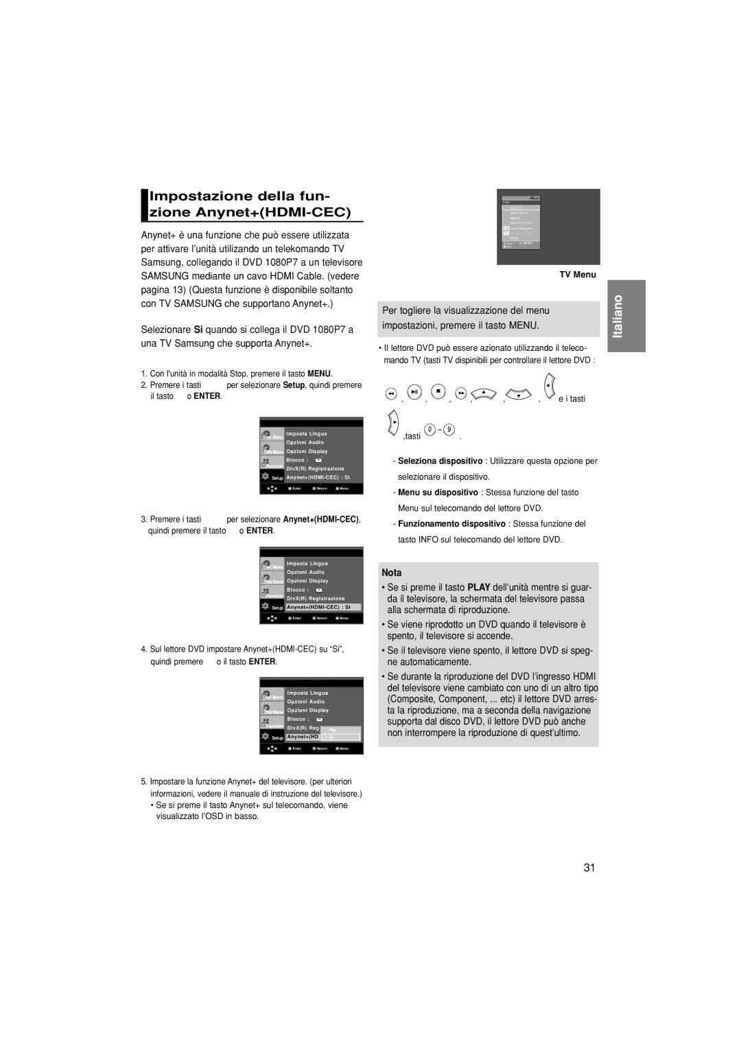 Samsung DVD-1080P7/AUS, DVD-1080P7/XSE, DVD-1080P7/XEG manual Impostazione della fun- zione Anynet+HDMI-CEC, TV Menu 