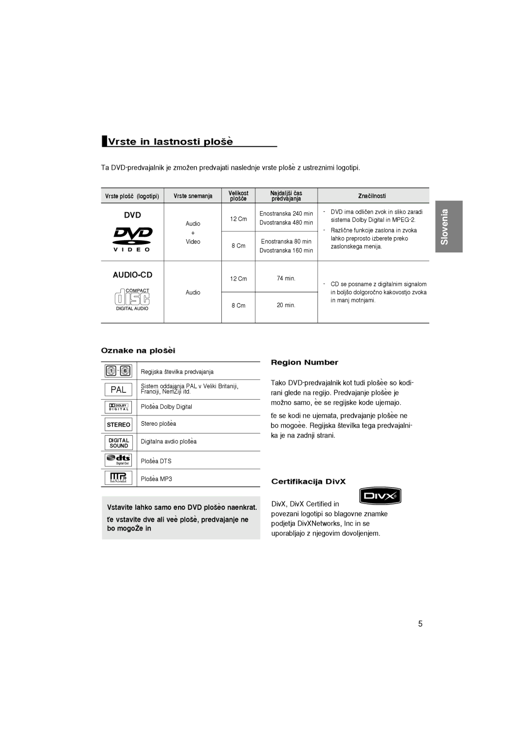 Samsung DVD-1080P7/XEG, DVD-1080P7/XSE manual Vrste in lastnosti plo‰e, Oznake na plo‰ei, Region Number, Certifikacija DivX 