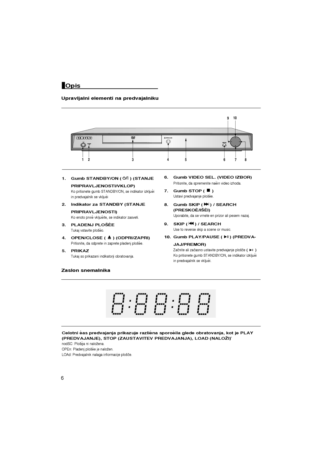 Samsung DVD-1080P7/AUS, DVD-1080P7/XSE, DVD-1080P7/XEG manual Opis, Upravljalni elementi na predvajalniku, Zaslon snemalnika 