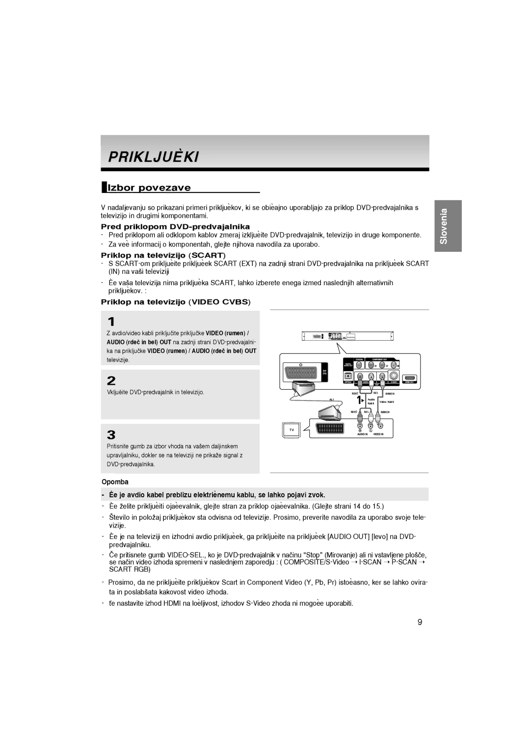 Samsung DVD-1080P7/XEG, DVD-1080P7/XSE manual Izbor povezave, Pred priklopom DVD-predvajalnika, Priklop na televizijo Scart 