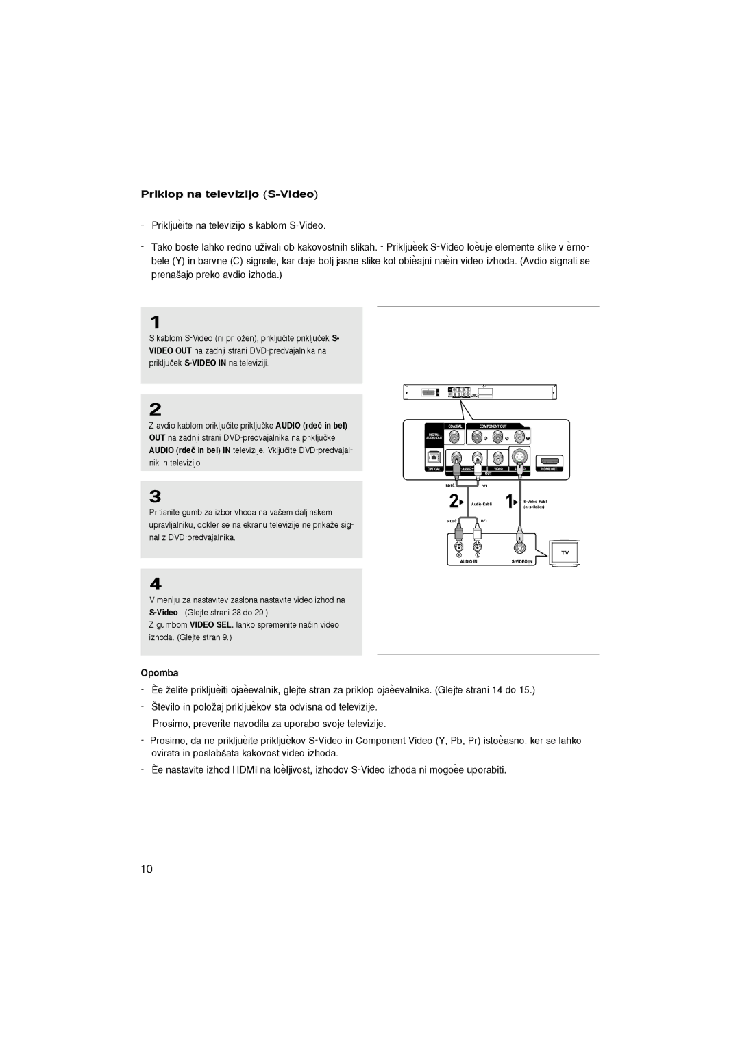 Samsung DVD-1080P7/AUS, DVD-1080P7/XSE, DVD-1080P7/XEG, DVD-1080P7/XEL manual Priklop na televizijo S-Video, Opomba 