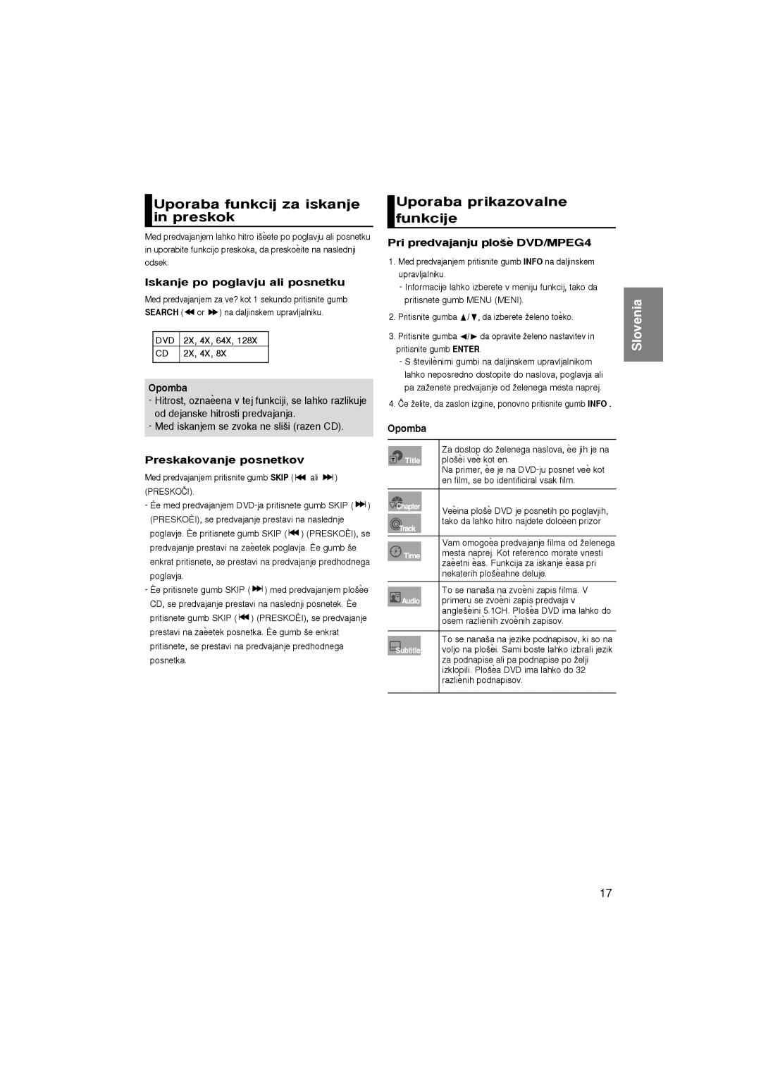 Samsung DVD-1080P7/XEG manual Uporaba funkcij za iskanje in preskok, Uporaba prikazovalne funkcije, Preskakovanje posnetkov 