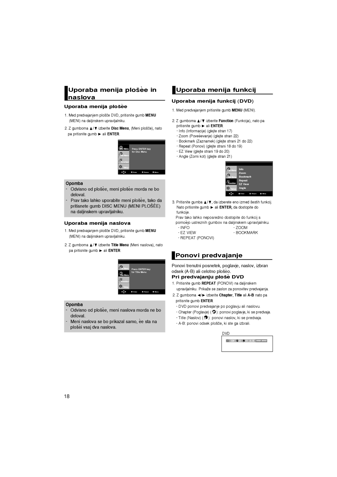 Samsung DVD-1080P7/AUS, DVD-1080P7/XSE manual Uporaba menija plo‰ee in naslova, Uporaba menija funkcij, Ponovi predvajanje 