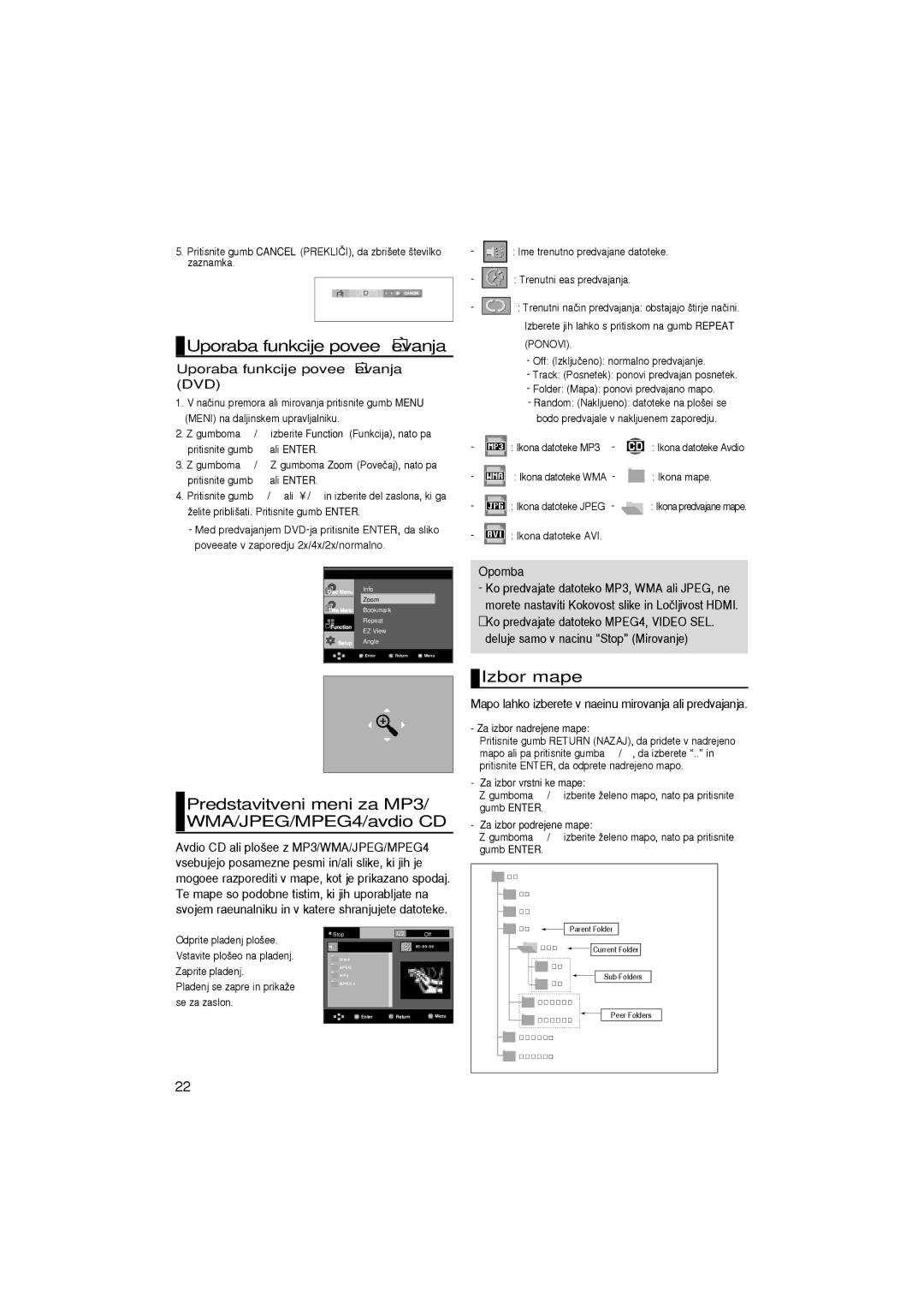 Samsung DVD-1080P7/AUS manual Uporaba funkcije poveeevanja, Predstavitveni meni za MP3/ WMA/JPEG/MPEG4/avdio CD, Izbor mape 