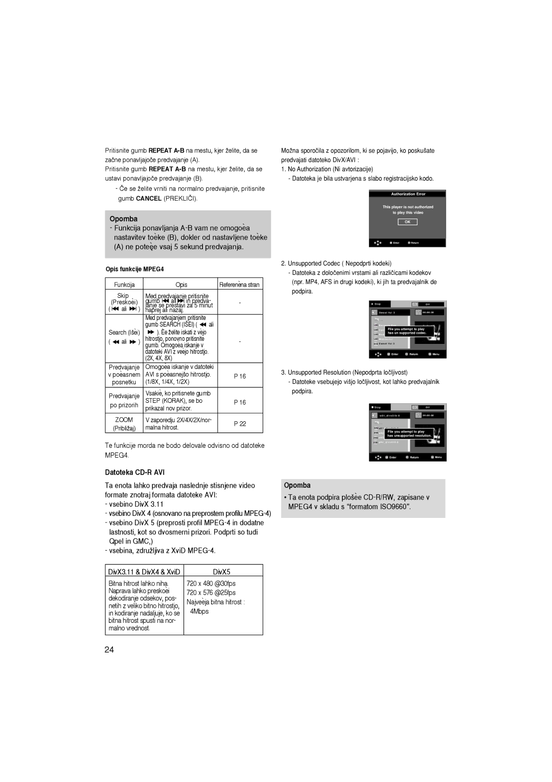 Samsung DVD-1080P7/XSE, DVD-1080P7/XEG, DVD-1080P7/AUS, DVD-1080P7/XEL Ne pote´evsaj 5 sekund predvajanja, Datoteka CD-R AVI 