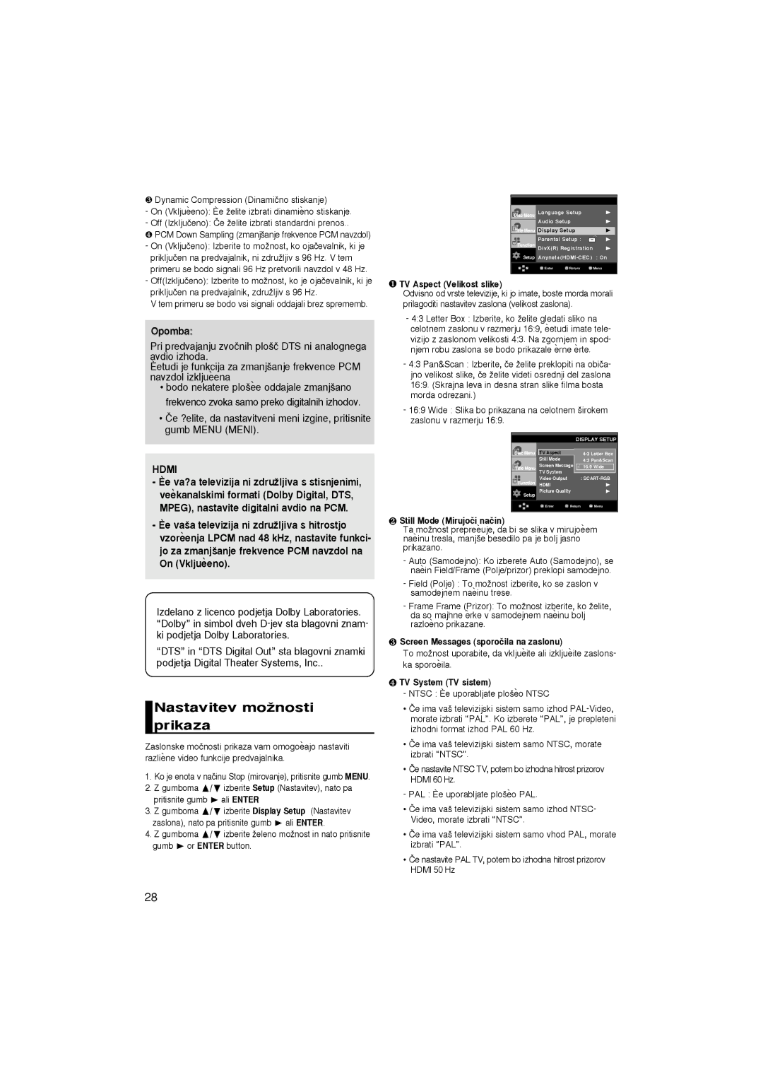 Samsung DVD-1080P7/XSE, DVD-1080P7/XEG, DVD-1080P7/AUS, DVD-1080P7/XEL manual Nastavitev moÏnosti prikaza, Hdmi 