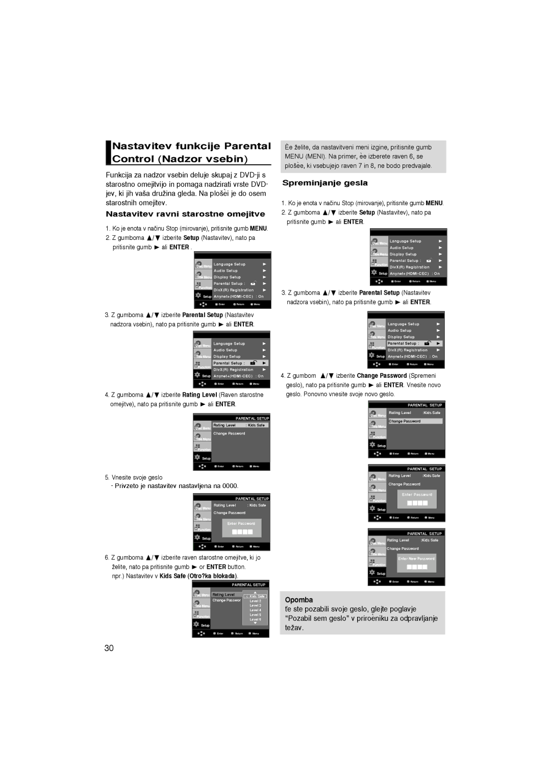 Samsung DVD-1080P7/AUS manual Nastavitev funkcije Parental Control Nadzor vsebin, Nastavitev ravni starostne omejitve 