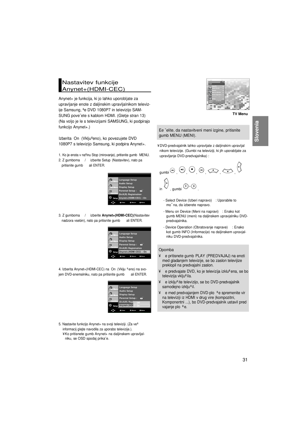 Samsung DVD-1080P7/XEL, DVD-1080P7/XSE, DVD-1080P7/XEG, DVD-1080P7/AUS manual Nastavitev funkcije Anynet+HDMI-CEC, TV Menu 