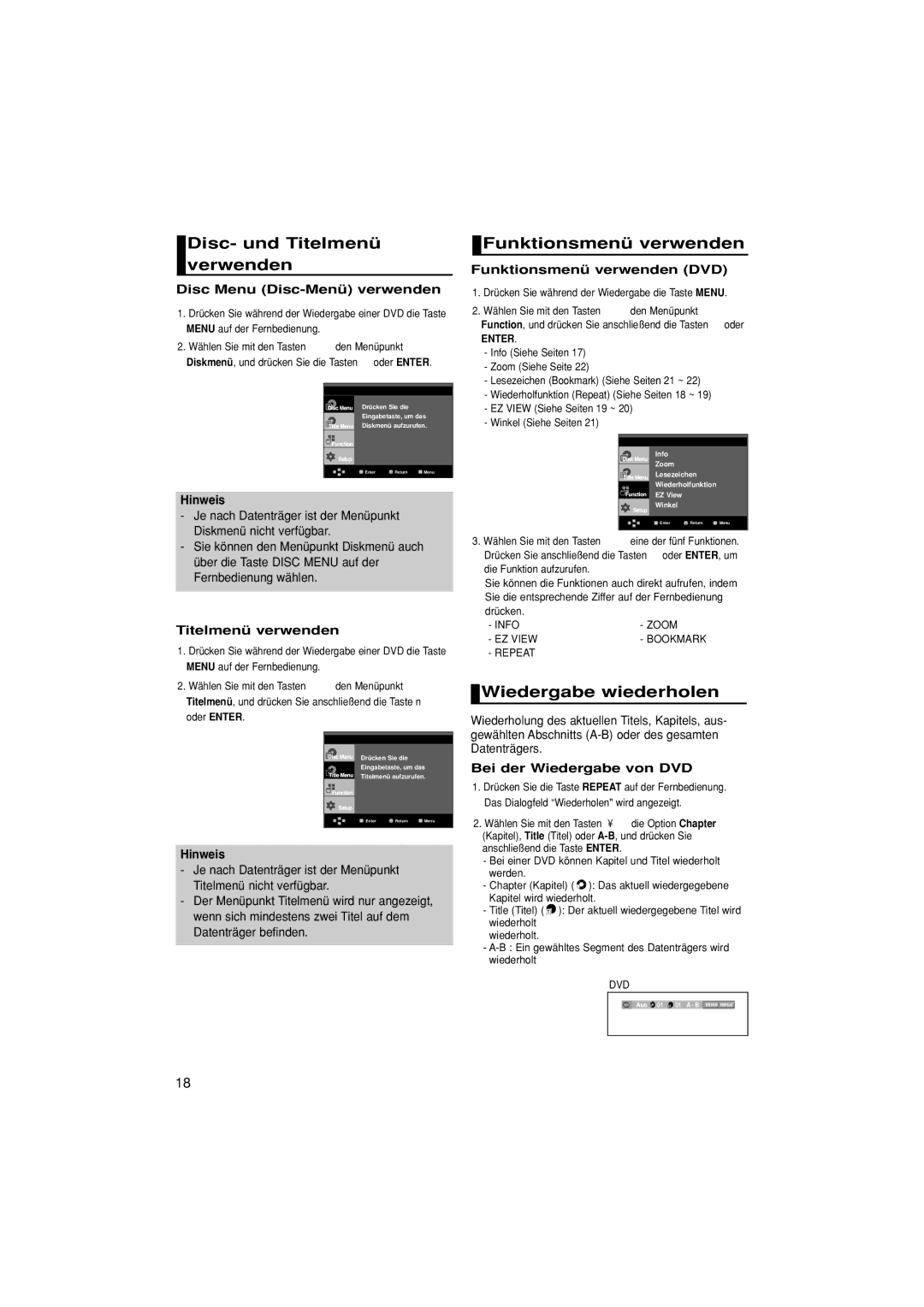 Samsung DVD-1080P7/AUS, DVD-1080P7/XSE manual Disc- und Titelmenü verwenden, Funktionsmenü verwenden, Wiedergabe wiederholen 