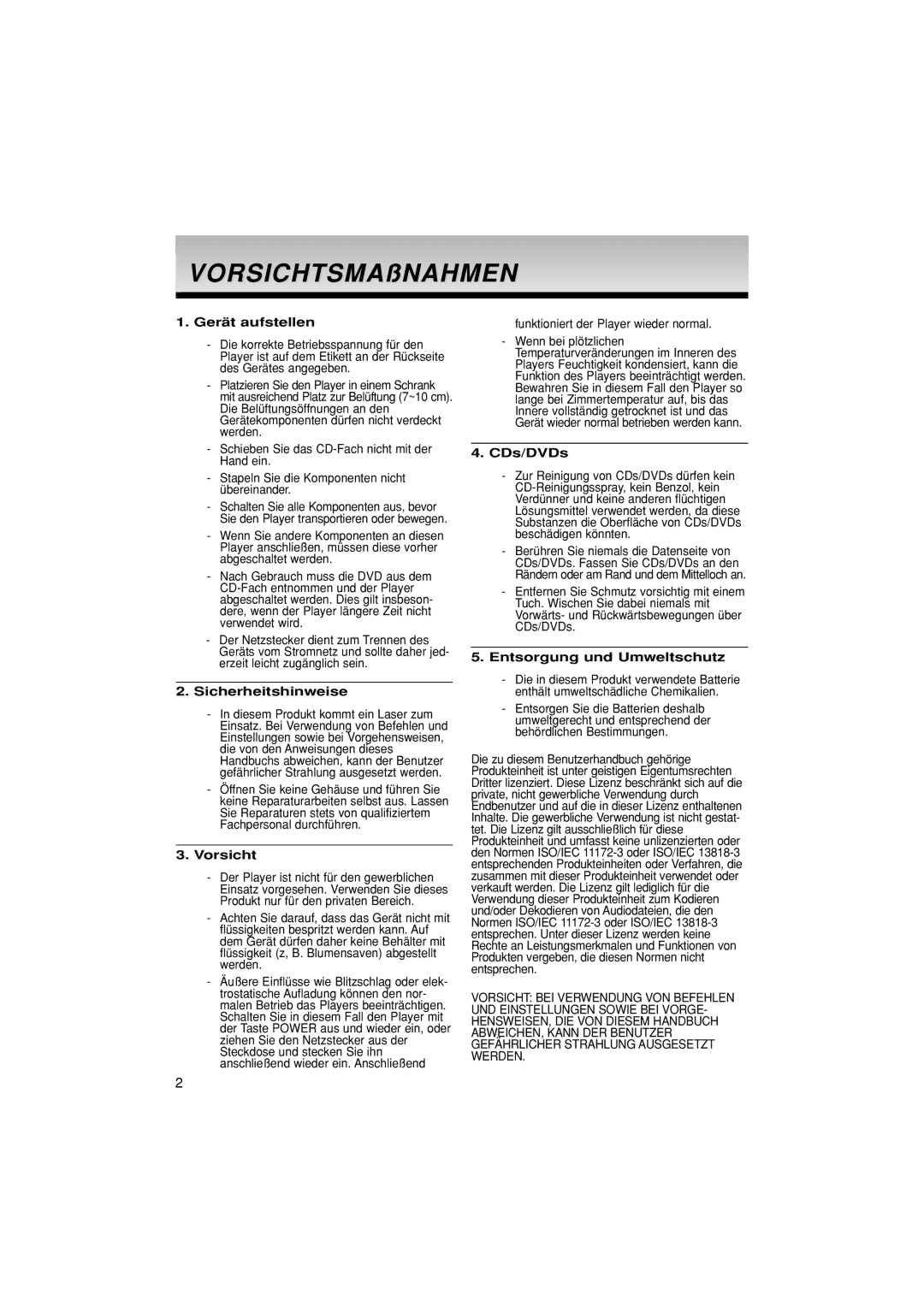 Samsung DVD-1080P7/AUS manual Gerät aufstellen, Sicherheitshinweise, Vorsicht, CDs/DVDs, Entsorgung und Umweltschutz 