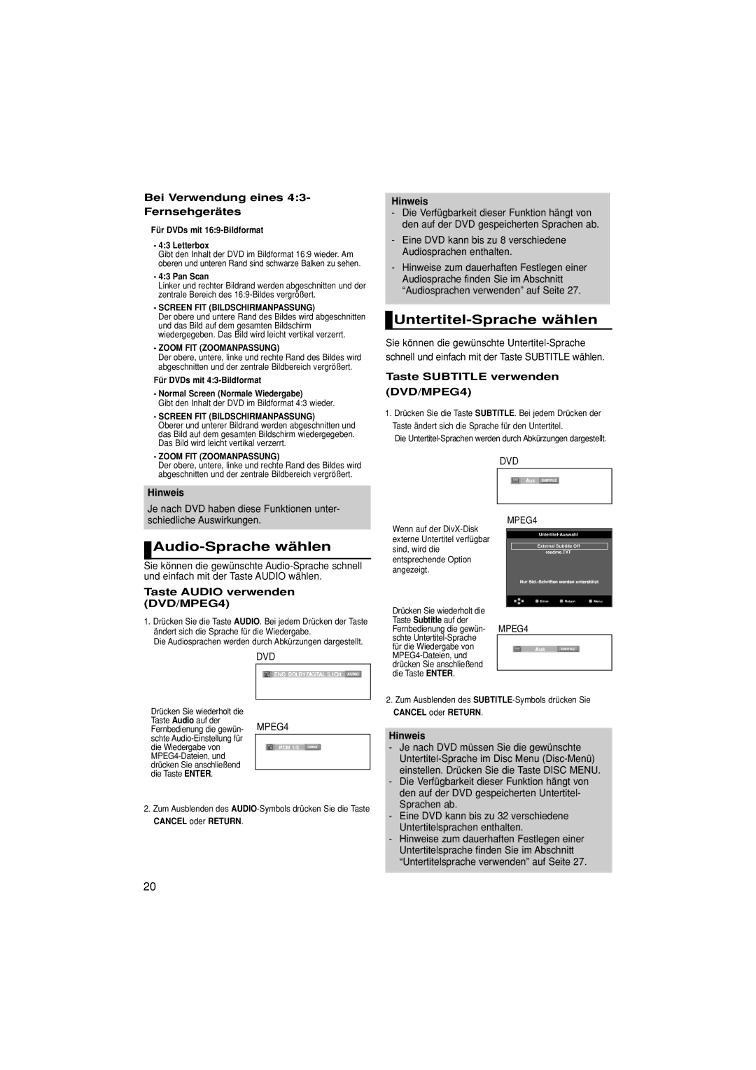 Samsung DVD-1080P7/XSE manual Untertitel-Sprache wählen, Audio-Sprache wählen, Bei Verwendung eines 43- Fernsehgerätes 