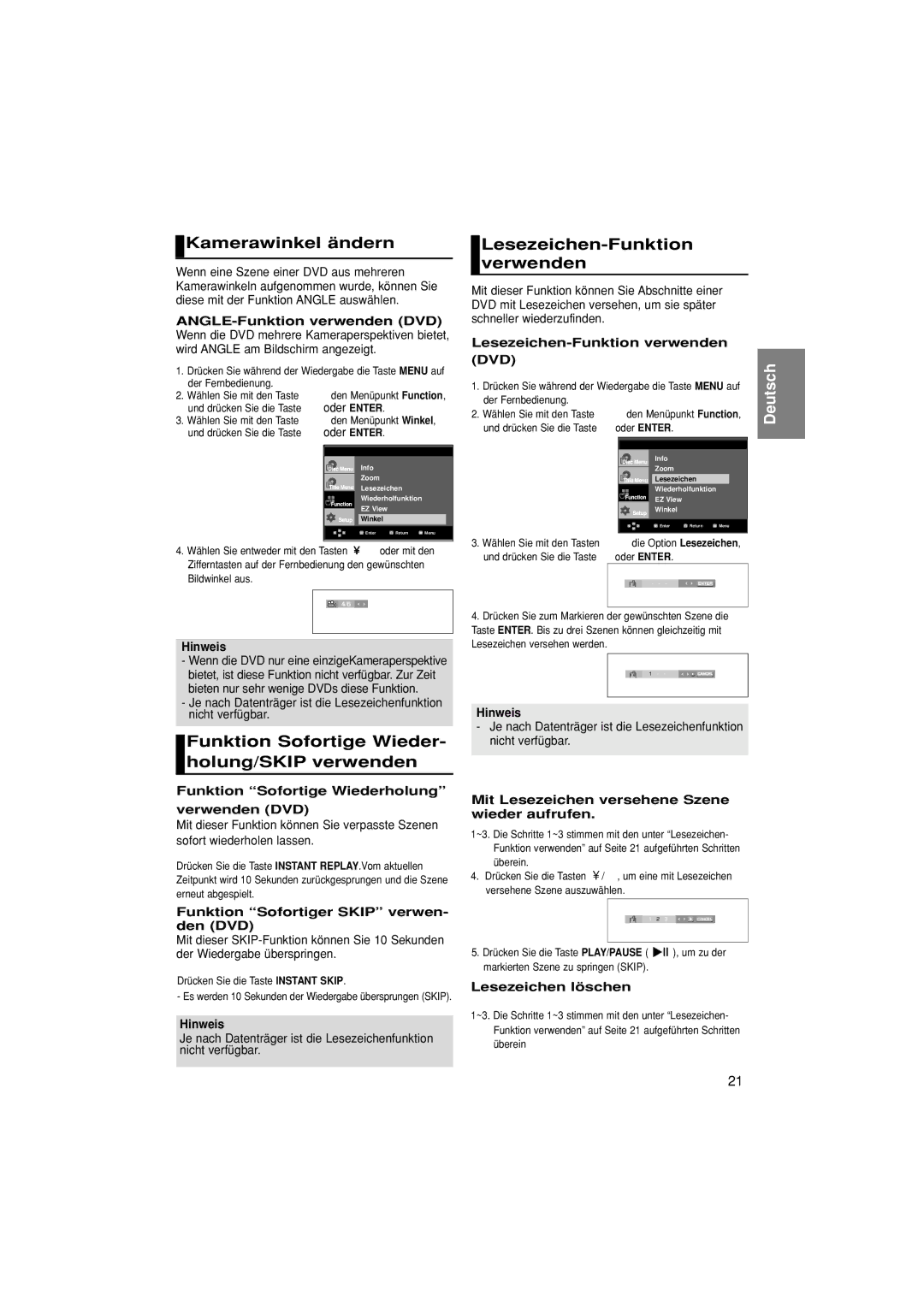 Samsung DVD-1080P7/XEG, DVD-1080P7/XSE manual Kamerawinkel ändern, Funktion Sofortige Wieder- holung/SKIP verwenden 