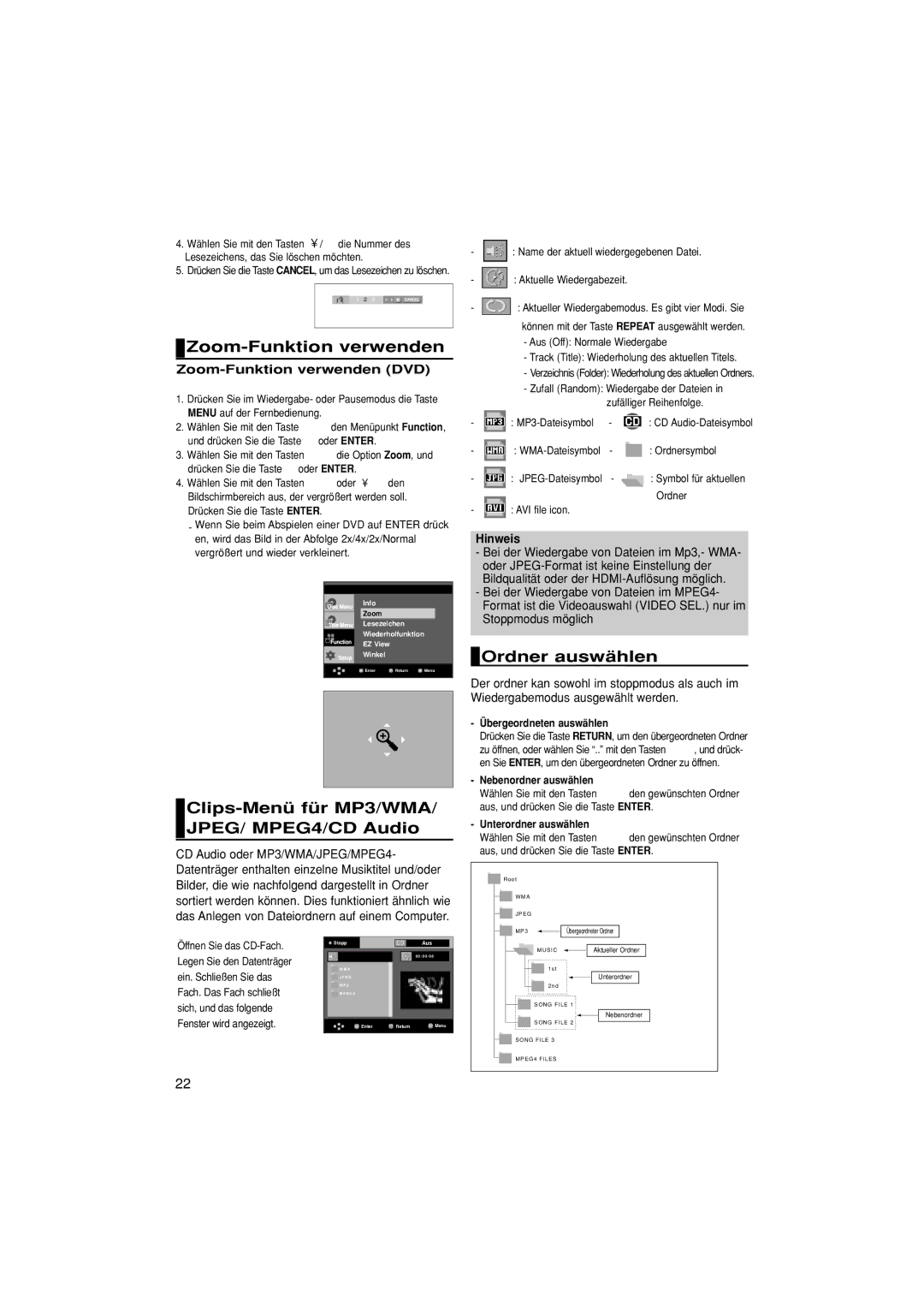 Samsung DVD-1080P7/AUS manual Zoom-Funktion verwenden, Clips-Menü für MP3/WMA/ JPEG/ MPEG4/CD Audio, Ordner auswählen 