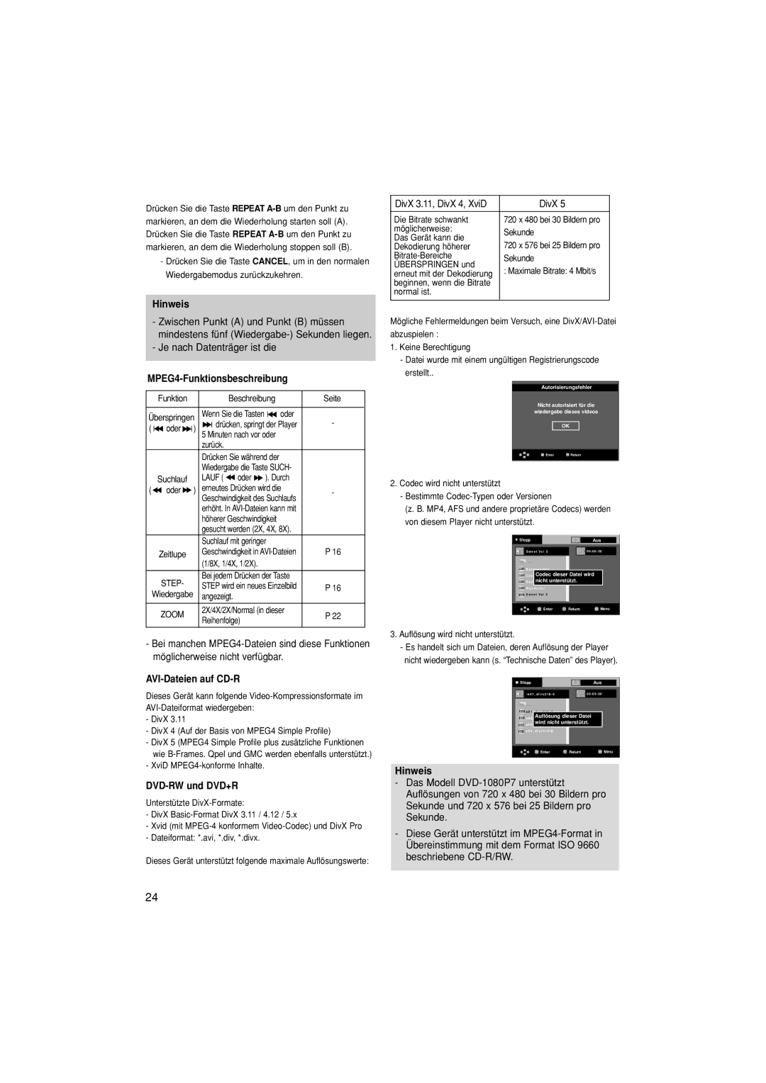 Samsung DVD-1080P7/XSE Je nach Datenträger ist die, MPEG4-Funktionsbeschreibung, AVI-Dateien auf CD-R, DVD-RW und DVD+R 