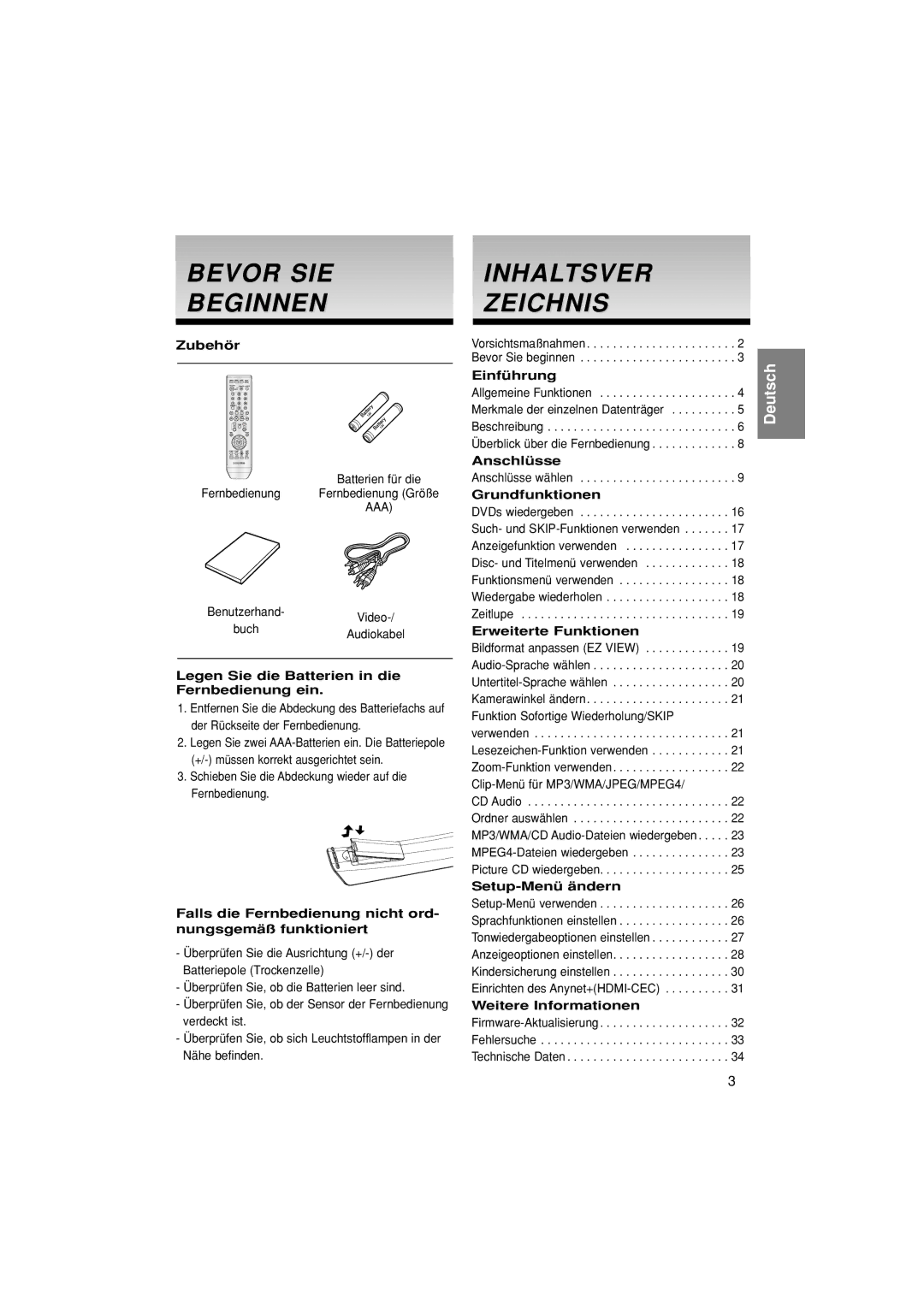 Samsung DVD-1080P7/XEL, DVD-1080P7/XSE, DVD-1080P7/XEG, DVD-1080P7/AUS manual Bevor SIE Beginnen, Inhaltsver Zeichnis 