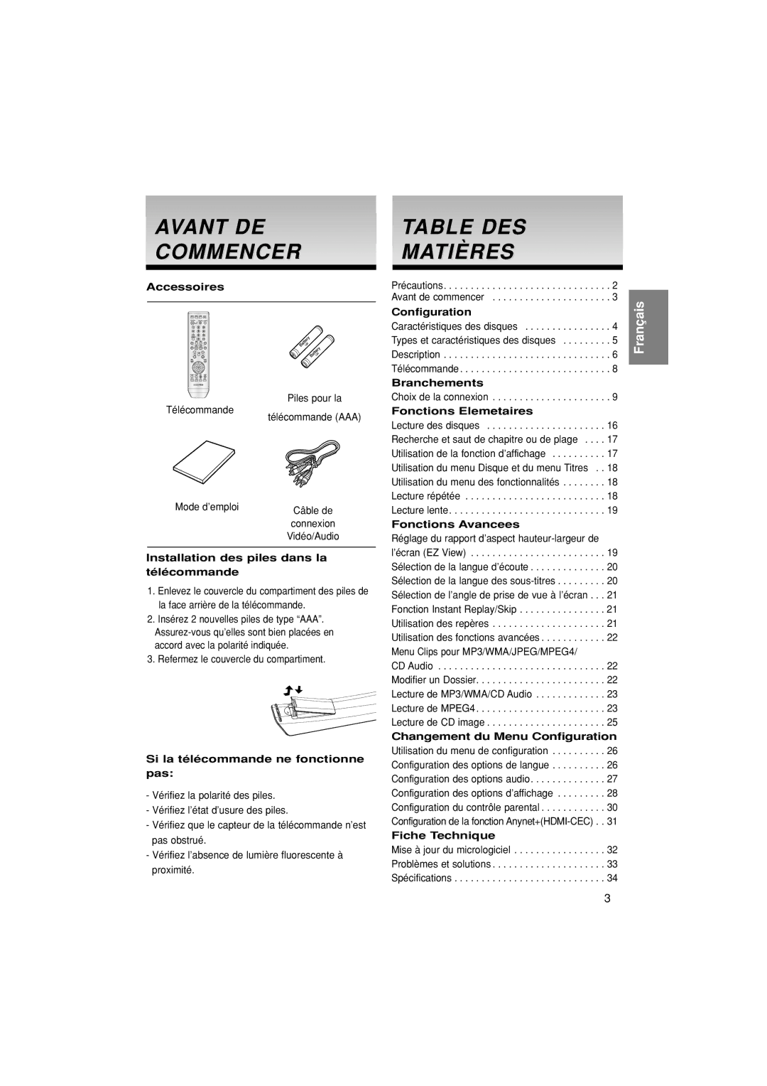 Samsung DVD-1080P7/XEG, DVD-1080P7/XSE, DVD-1080P7/AUS, DVD-1080P7/XEL manual Avant DE Commencer Table DES Matières 