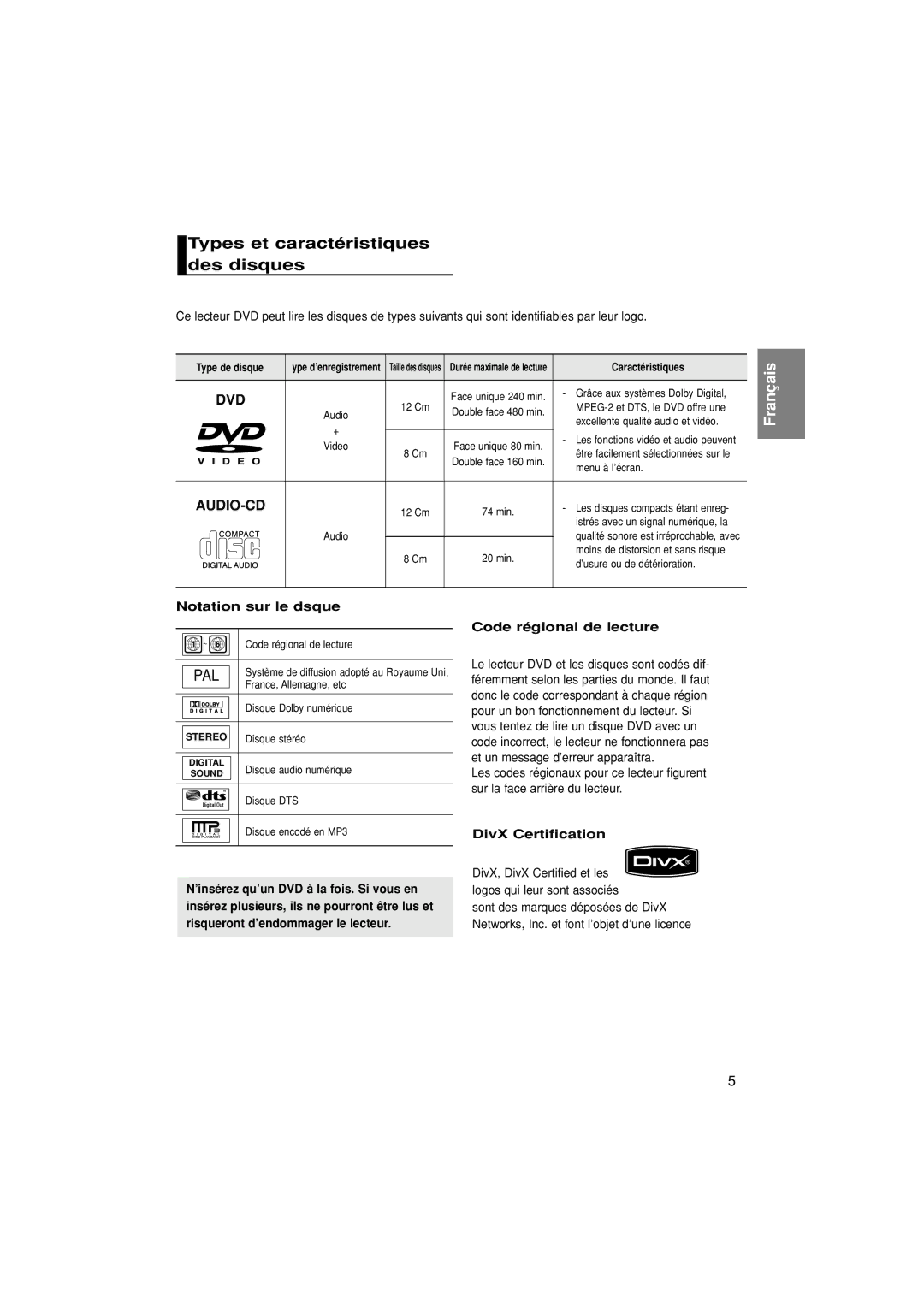 Samsung DVD-1080P7/XEL, DVD-1080P7/XSE, DVD-1080P7/XEG, DVD-1080P7/AUS manual Types et caractéristiques des disques 