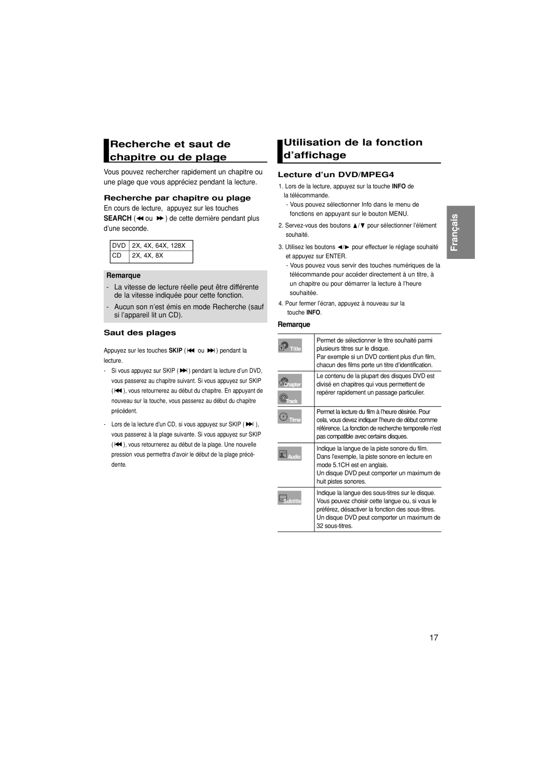 Samsung DVD-1080P7/XEL Recherche et saut de chapitre ou de plage, Utilisation de la fonction d’affichage, Saut des plages 