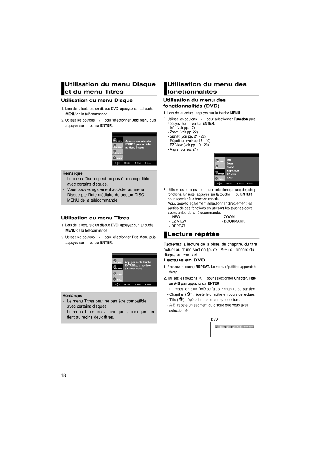 Samsung DVD-1080P7/XSE manual Utilisation du menu Disque et du menu Titres, Utilisation du menu des fonctionnalités 