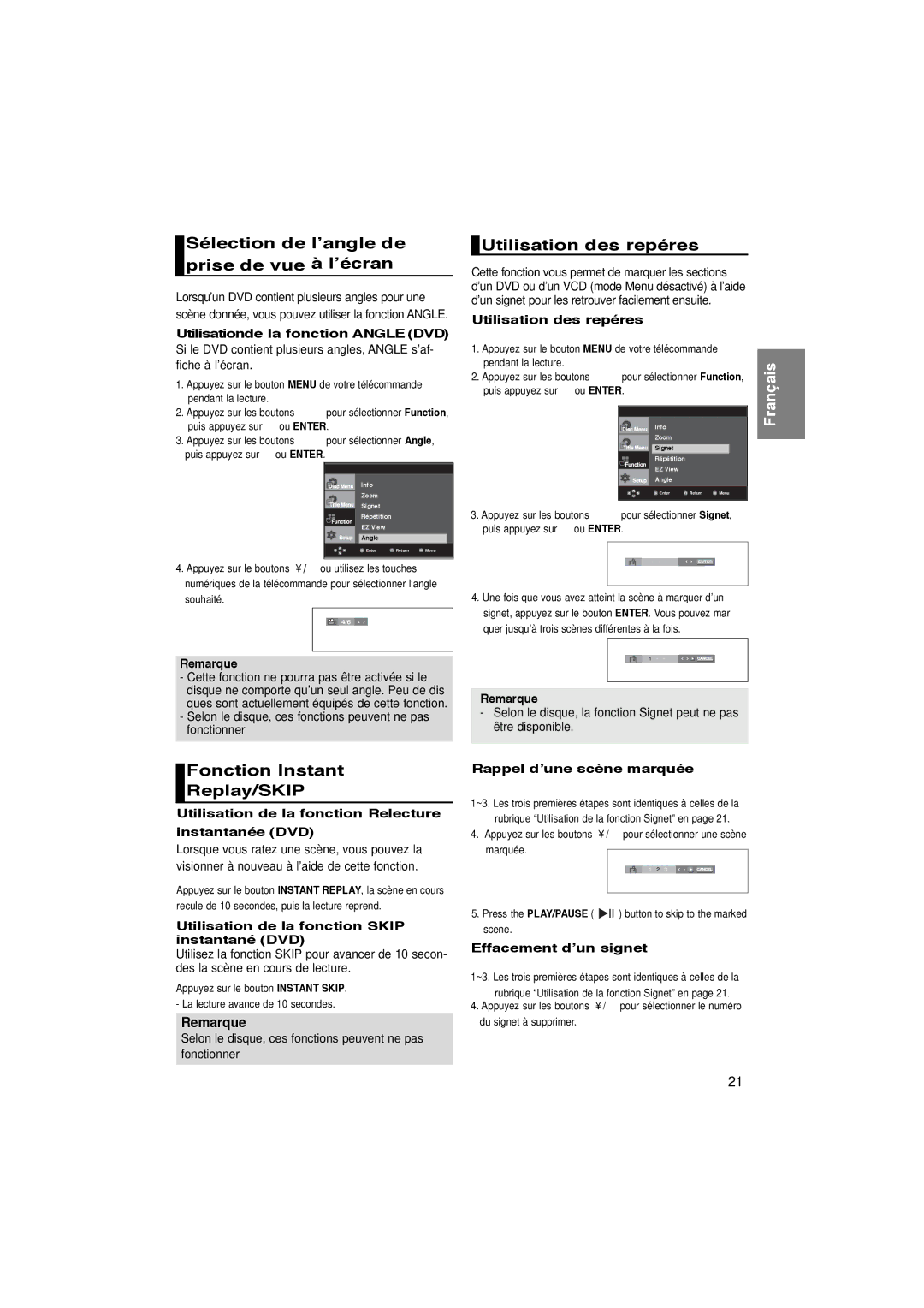 Samsung DVD-1080P7/XEL, DVD-1080P7/XSE manual Sélection de l’angle de prise de vue à l’écran, Utilisation des repéres 