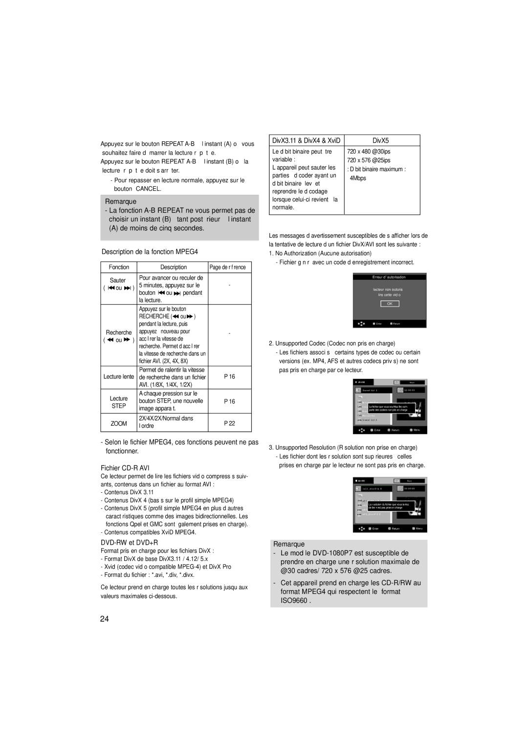 Samsung DVD-1080P7/AUS manual De moins de cinq secondes, Description de la fonction MPEG4, DivX5, Fichier CD-R AVI 