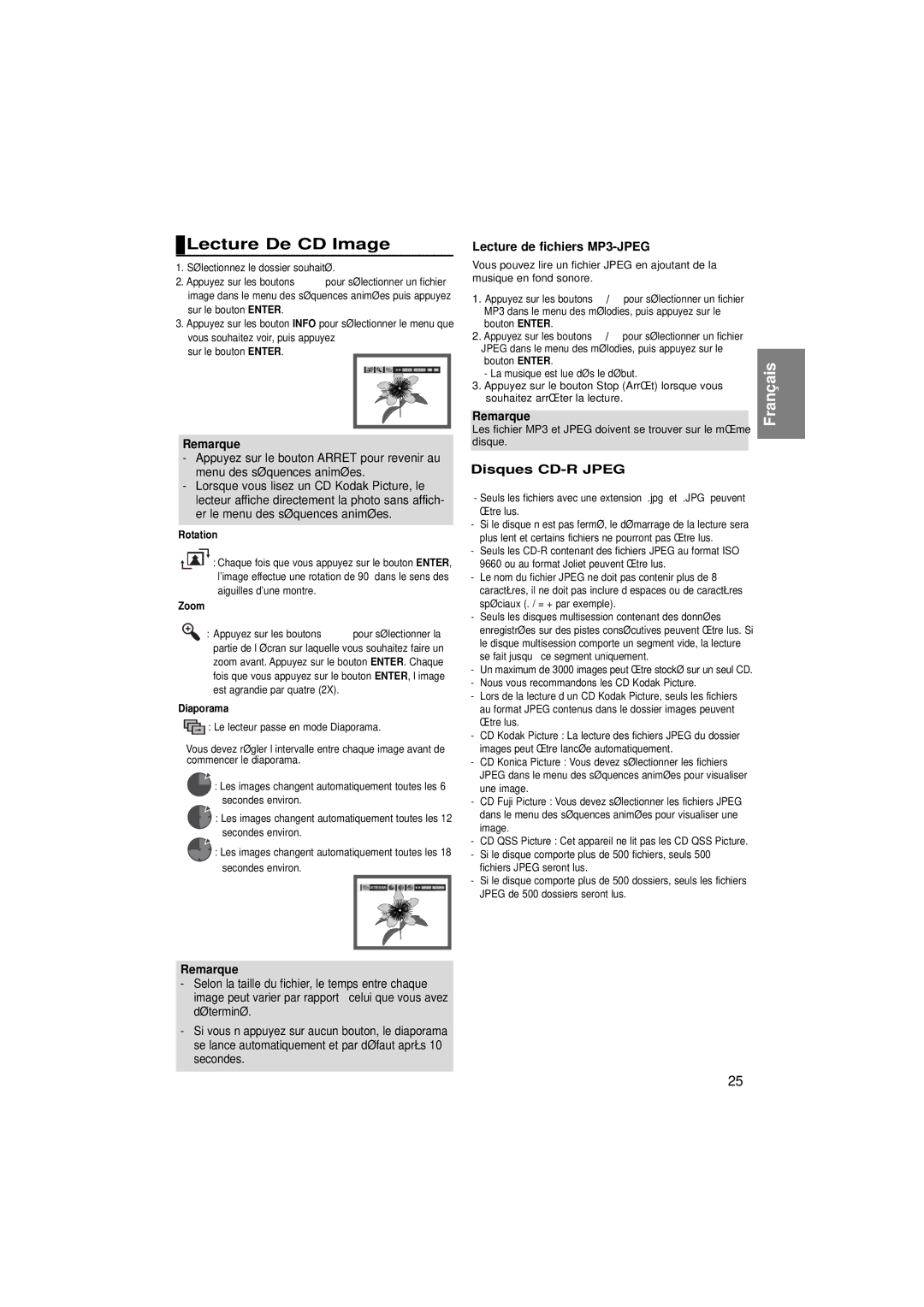 Samsung DVD-1080P7/XEL manual Lecture De CD Image, Lecture de fichiers MP3-JPEG, Disques CD-R Jpeg, Rotation, Diaporama 