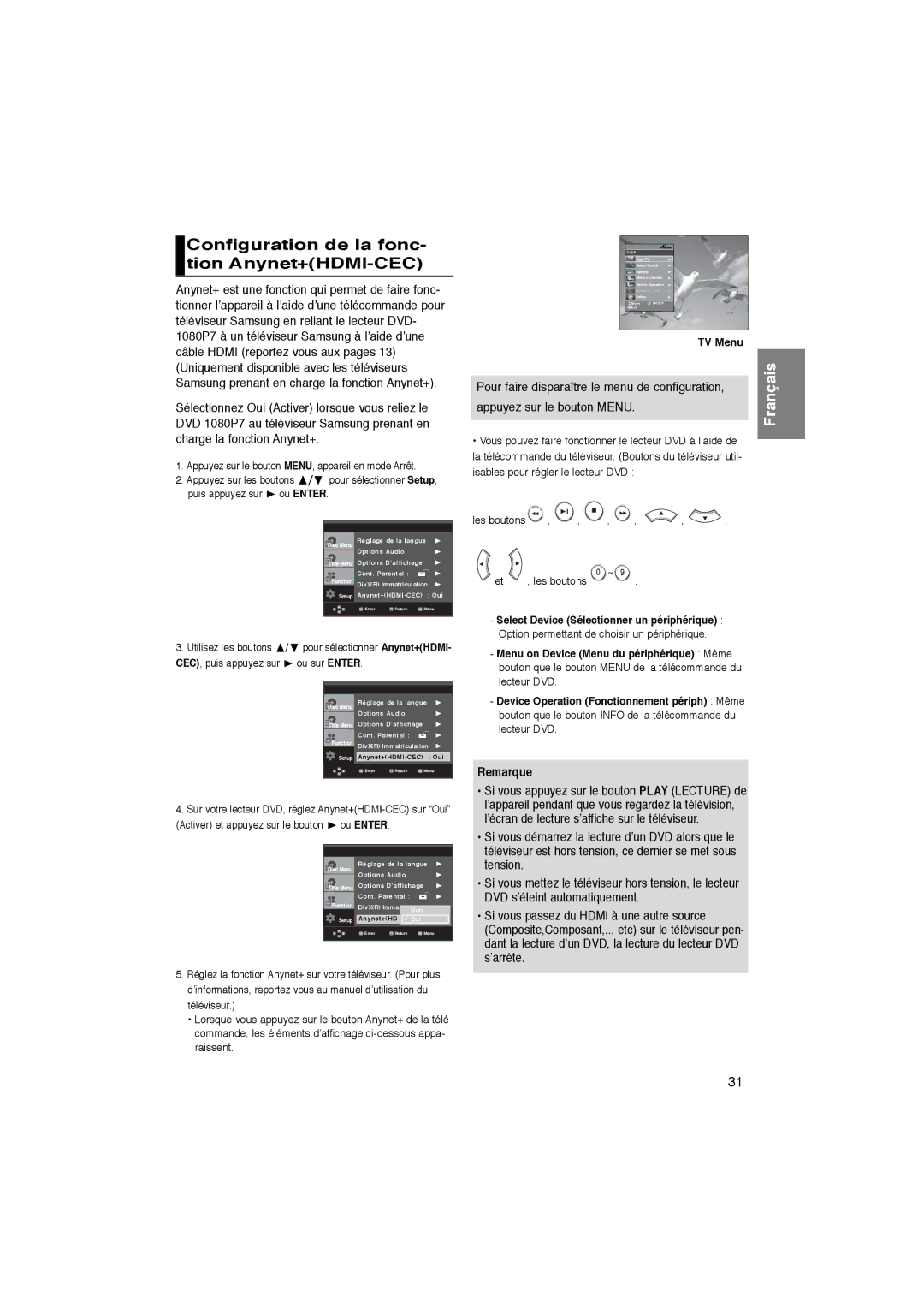 Samsung DVD-1080P7/XEG Configuration de la fonc- tion Anynet+HDMI-CEC, Pour faire disparaître le menu de configuration 