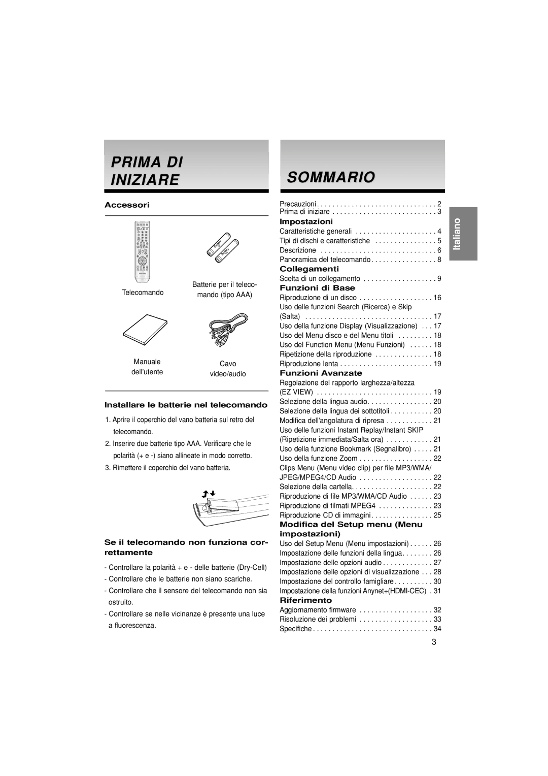 Samsung DVD-1080P7/AUS, DVD-1080P7/XSE, DVD-1080P7/XEG, DVD-1080P7/XEL manual Prima DI Iniziare, Sommario 