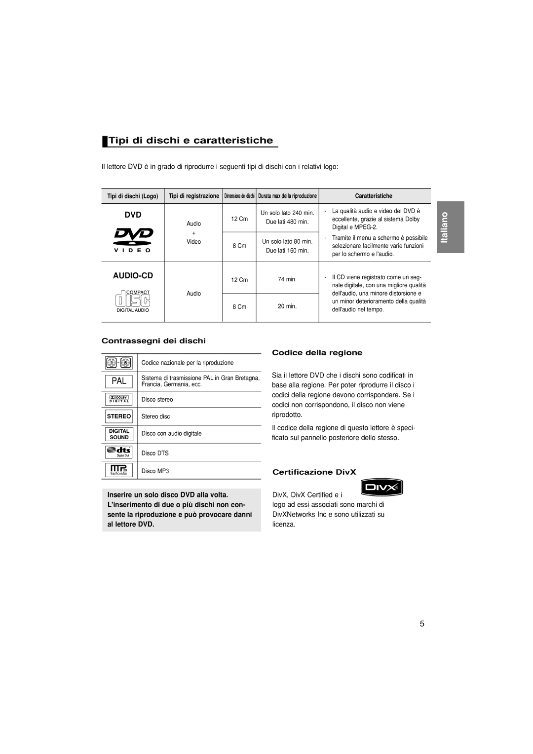 Samsung DVD-1080P7/XSE Tipi di dischi e caratteristiche, Contrassegni dei dischi, Certificazione DivX, Caratteristiche 