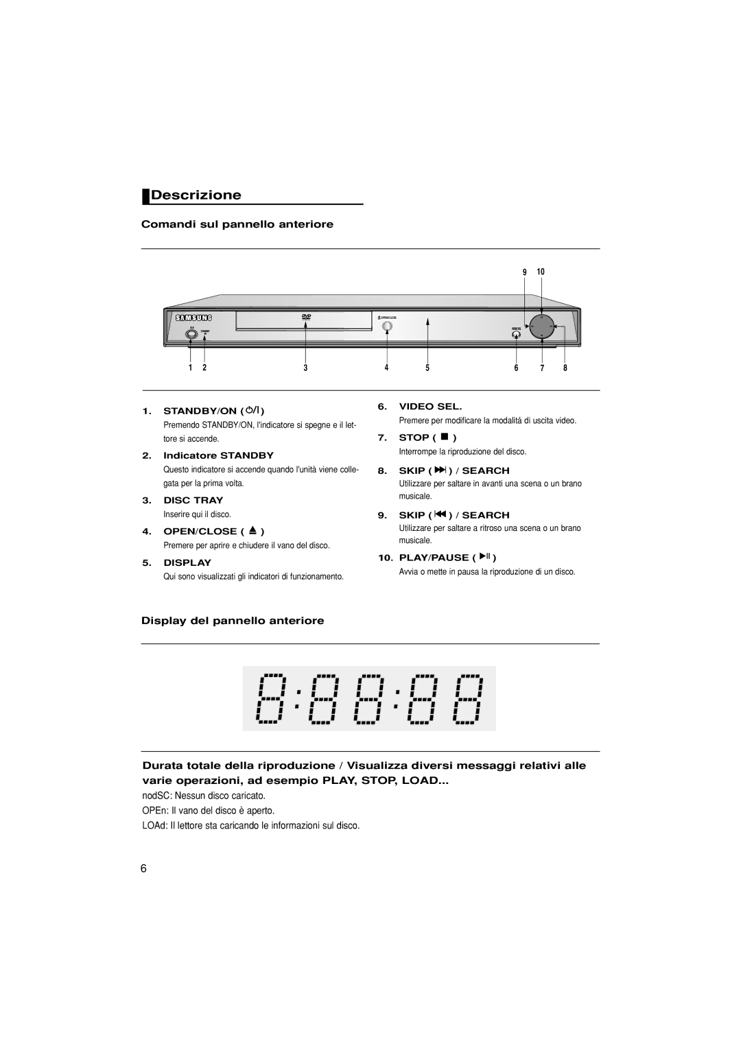 Samsung DVD-1080P7/XEG, DVD-1080P7/XSE, DVD-1080P7/AUS, DVD-1080P7/XEL Descrizione, Comandi sul pannello anteriore, Display 