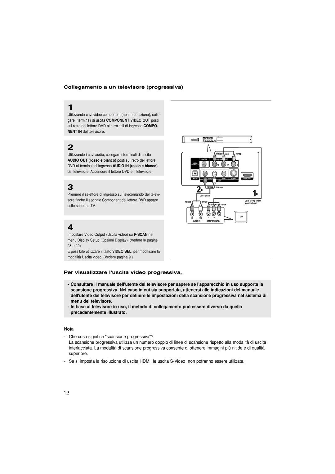 Samsung DVD-1080P7/XEL, DVD-1080P7/XSE, DVD-1080P7/XEG, DVD-1080P7/AUS manual Collegamento a un televisore progressiva 