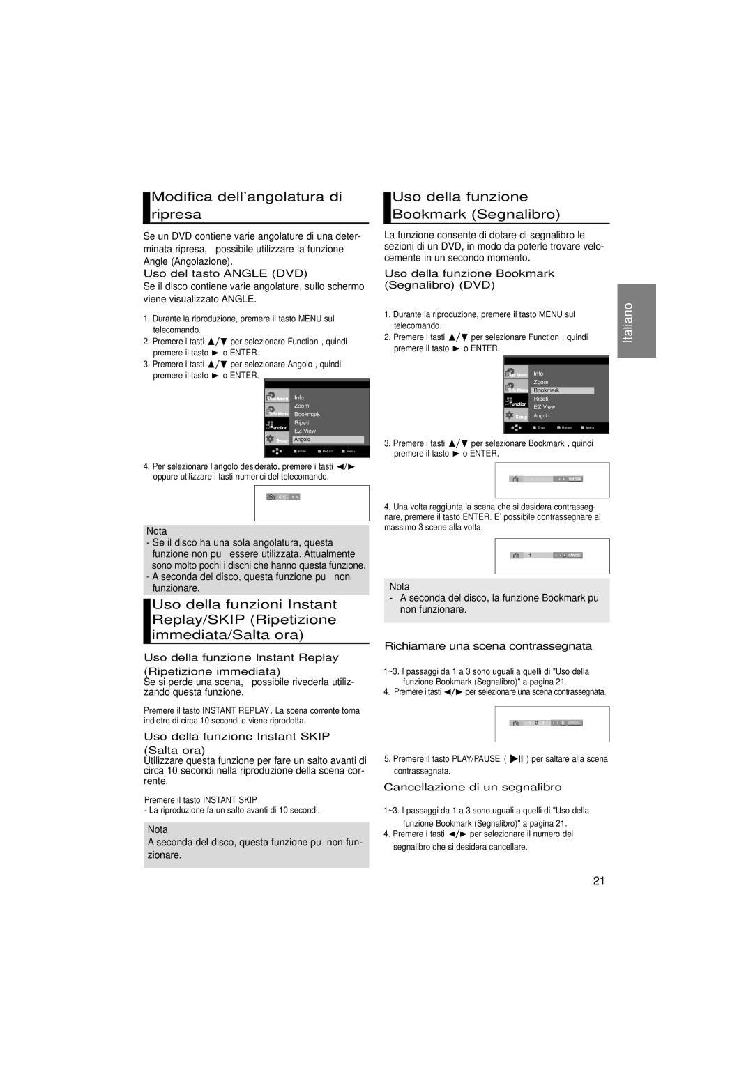 Samsung DVD-1080P7/XSE, DVD-1080P7/XEG manual Modifica dellangolatura di ripresa, Uso della funzione Bookmark Segnalibro 