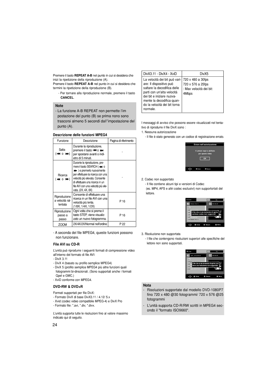 Samsung DVD-1080P7/XEL, DVD-1080P7/XSE manual Descrizione delle funzioni MPEG4, File AVI su CD-R, DivX3.11 DivX4 XviD 