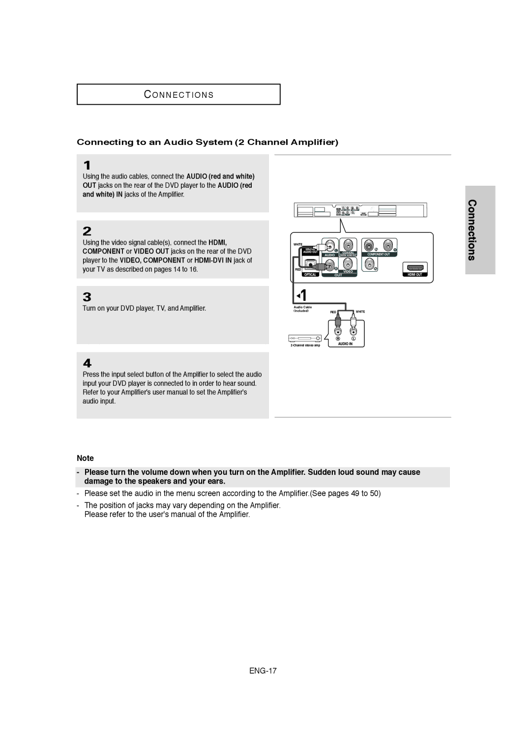 Samsung DVD-1080P8 manual Connecting to an Audio System 2 Channel Amplifier, Turn on your DVD player, TV, and Amplifier 