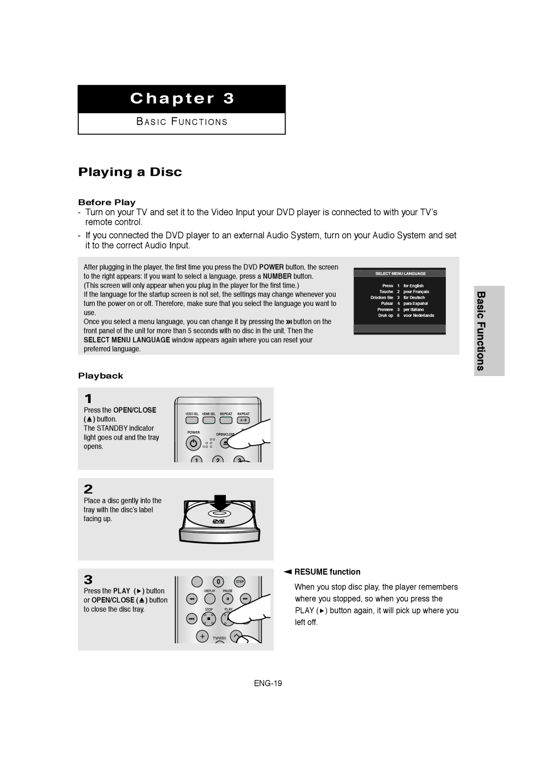 Samsung DVD-1080P8 manual Playing a Disc, Before Play, Playback, Resume function 