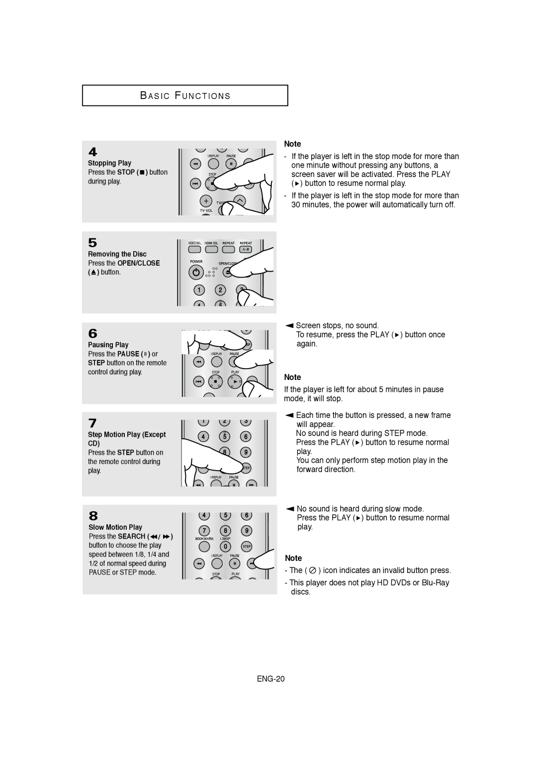 Samsung DVD-1080P8 manual Stopping Play, Pausing Play, Step Motion Play Except, Slow Motion Play 