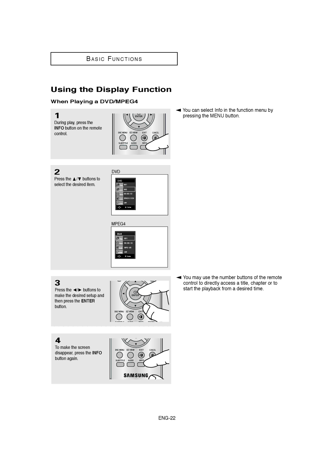 Samsung DVD-1080P8 manual Using the Display Function, When Playing a DVD/MPEG4 