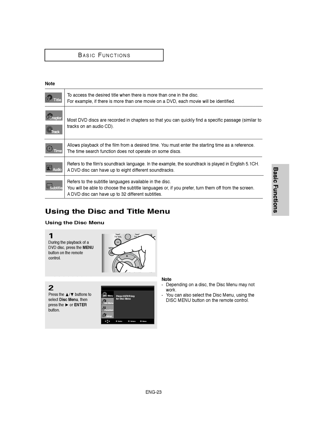 Samsung DVD-1080P8 manual Using the Disc and Title Menu, Using the Disc Menu, Select Disc Menu, then, Or Enter, Button 