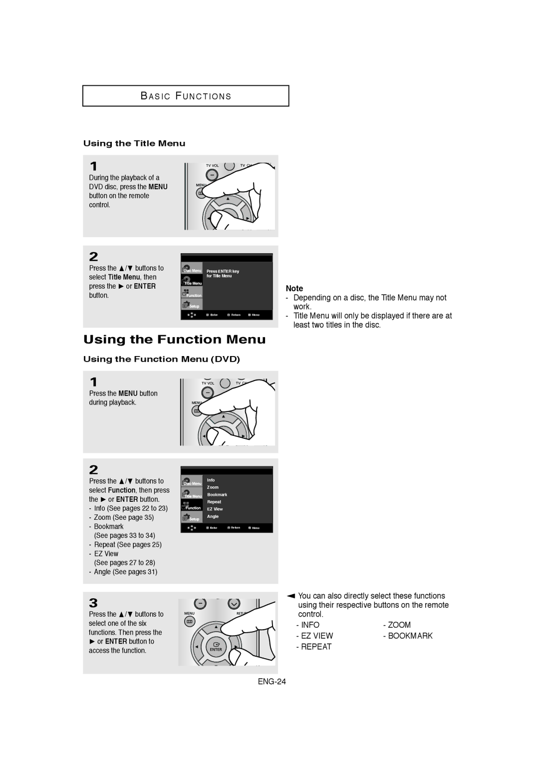 Samsung DVD-1080P8 manual Using the Title Menu, Using the Function Menu DVD 