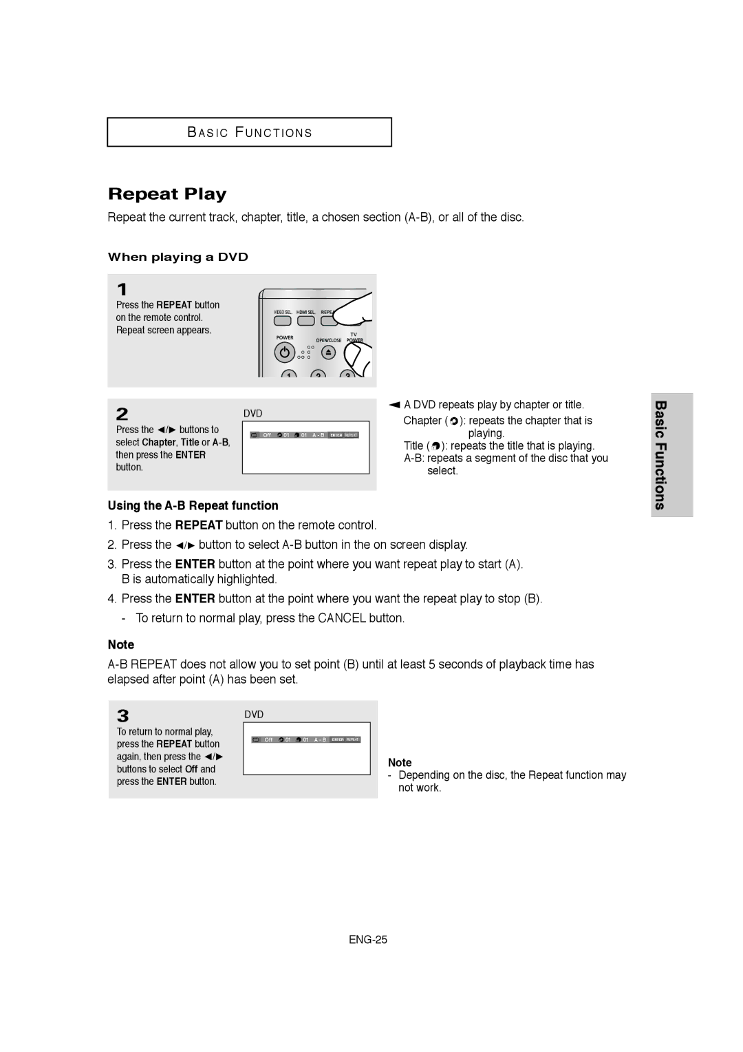 Samsung DVD-1080P8 manual Repeat Play, Basic Functions Using the A-B Repeat function, When playing a DVD 