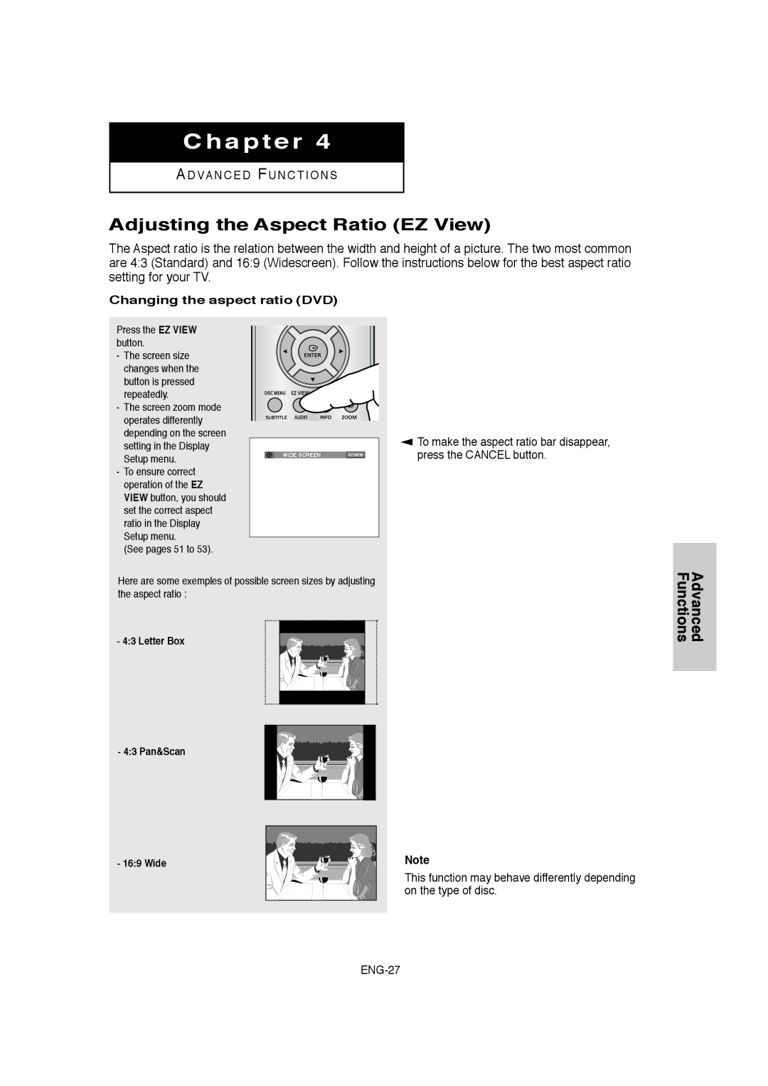 Samsung DVD-1080P8 manual Adjusting the Aspect Ratio EZ View, Changing the aspect ratio DVD, Press the EZ View button 