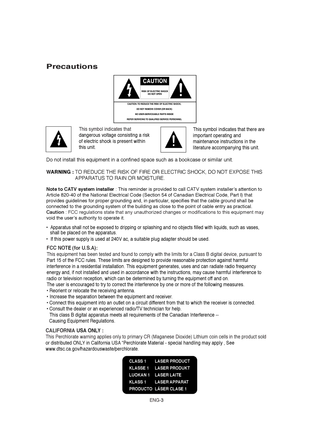 Samsung DVD-1080P8 manual Precautions, FCC Note for U.S.A 