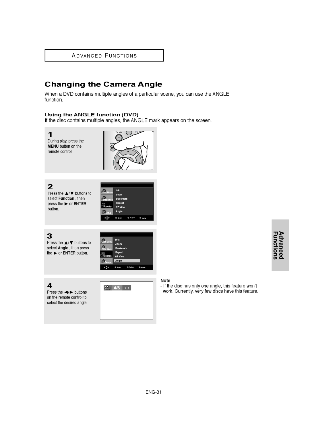 Samsung DVD-1080P8 manual Changing the Camera Angle, Using the Angle function DVD 