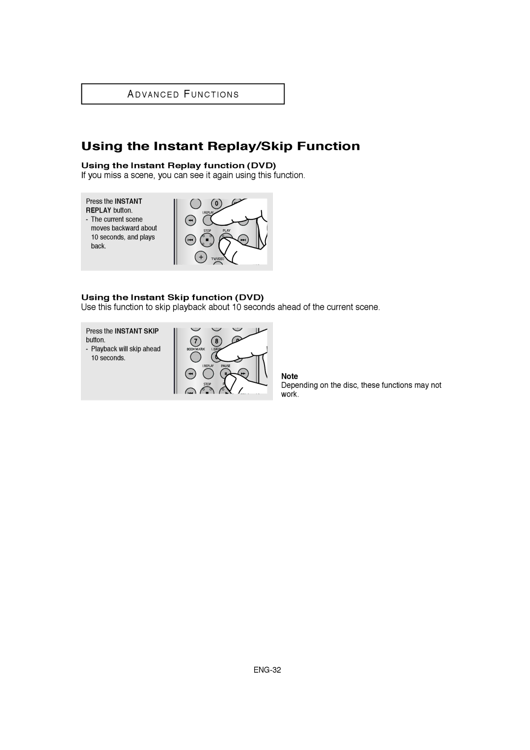 Samsung DVD-1080P8 manual Using the Instant Replay/Skip Function, Using the Instant Replay function DVD 