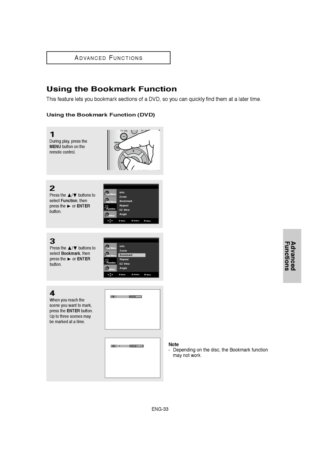 Samsung DVD-1080P8 manual Using the Bookmark Function DVD 