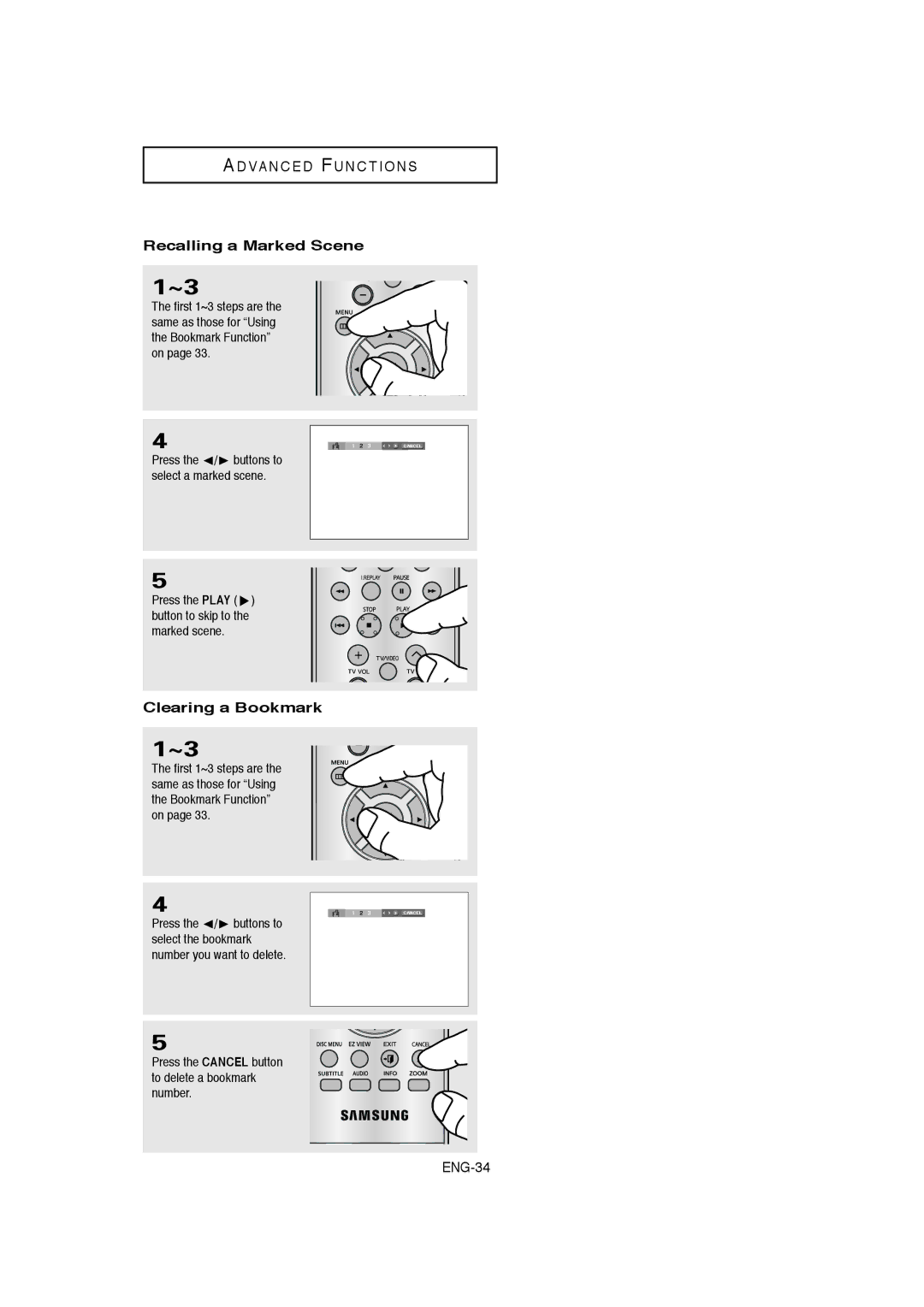 Samsung DVD-1080P8 manual Recalling a Marked Scene, Clearing a Bookmark, Press the Play button to skip to the marked scene 