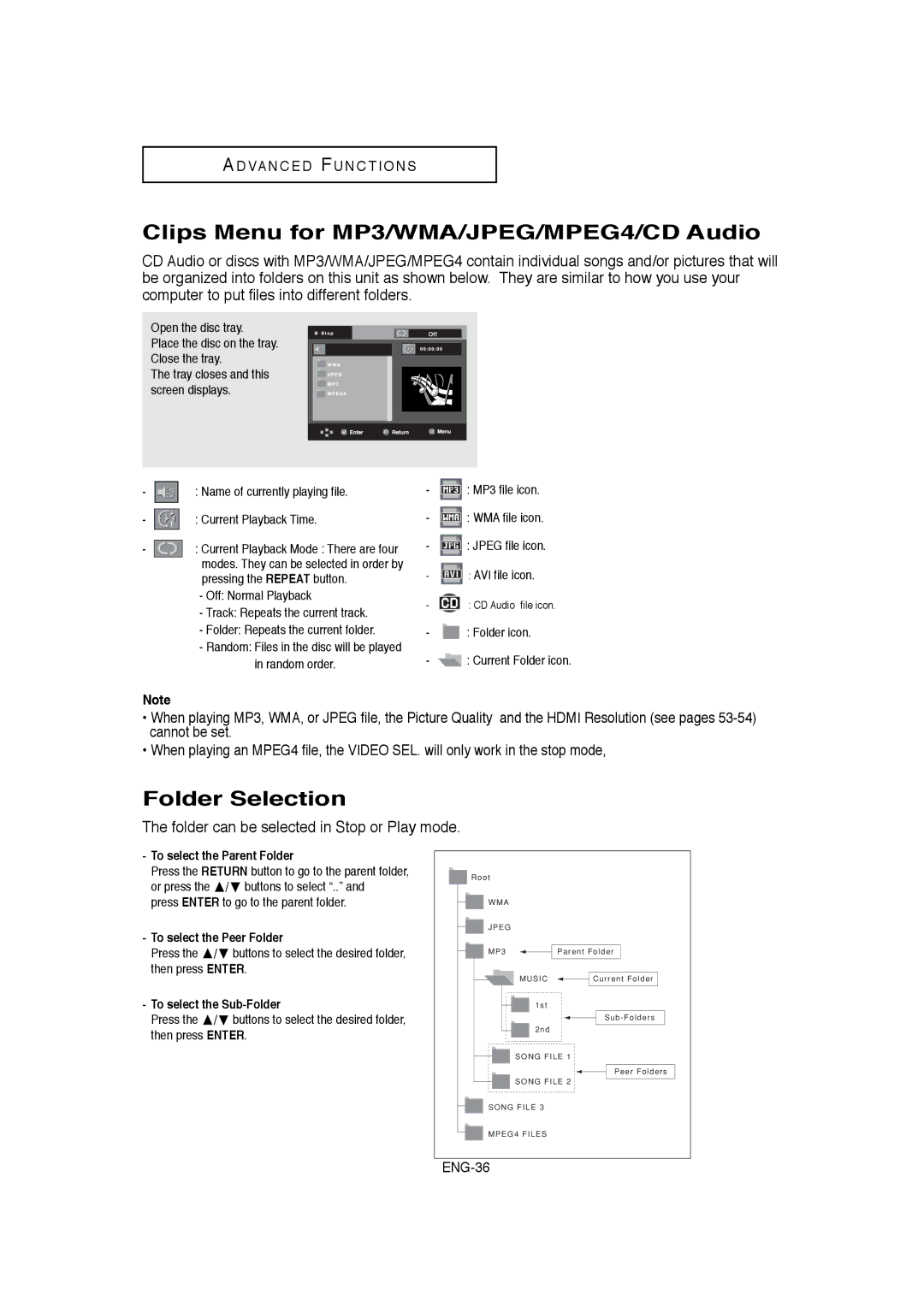 Samsung DVD-1080P8 manual Clips Menu for MP3/WMA/JPEG/MPEG4/CD Audio, Folder Selection, To select the Parent Folder 