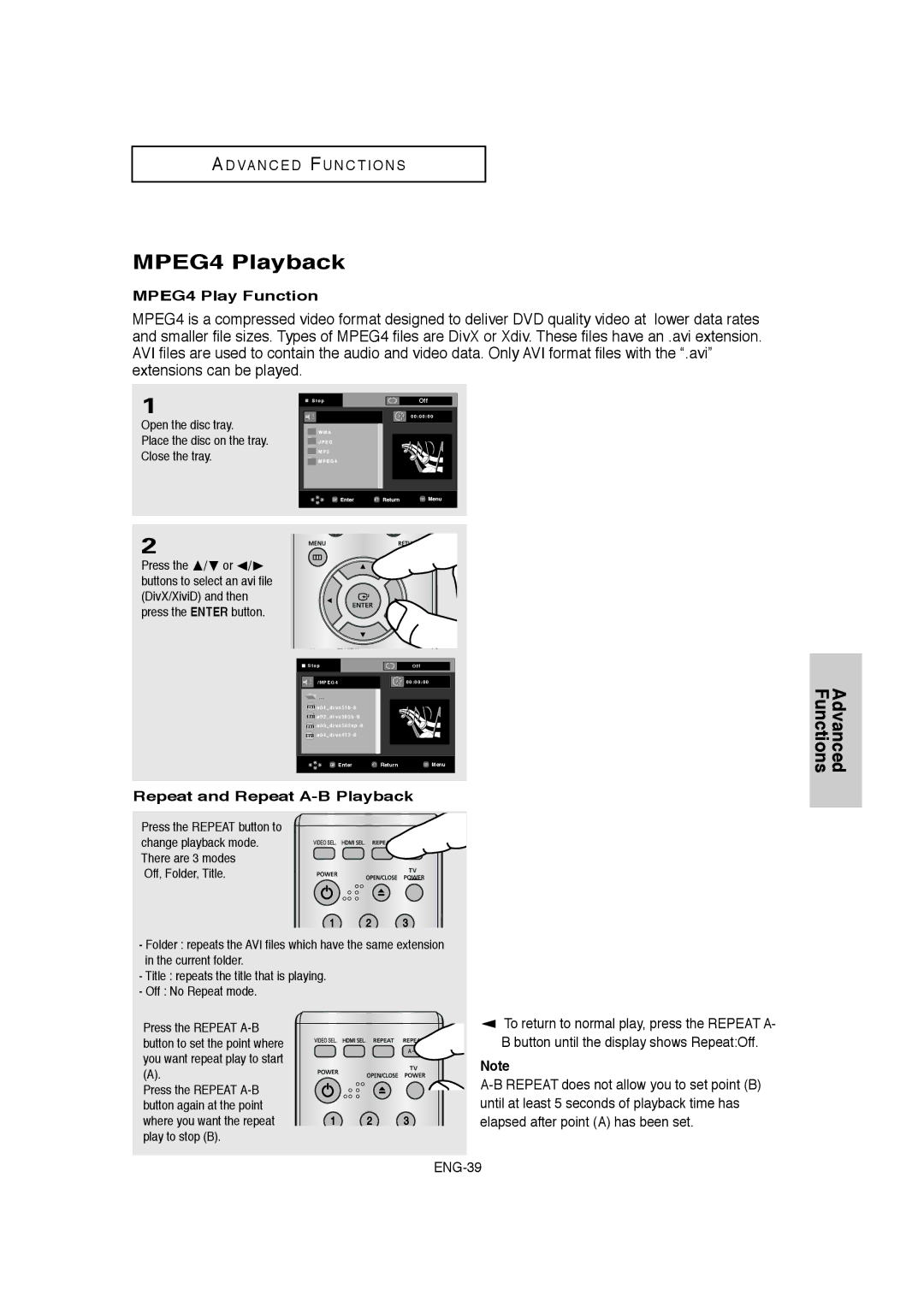 Samsung DVD-1080P8 manual MPEG4 Playback, MPEG4 Play Function, Repeat and Repeat A-B Playback 